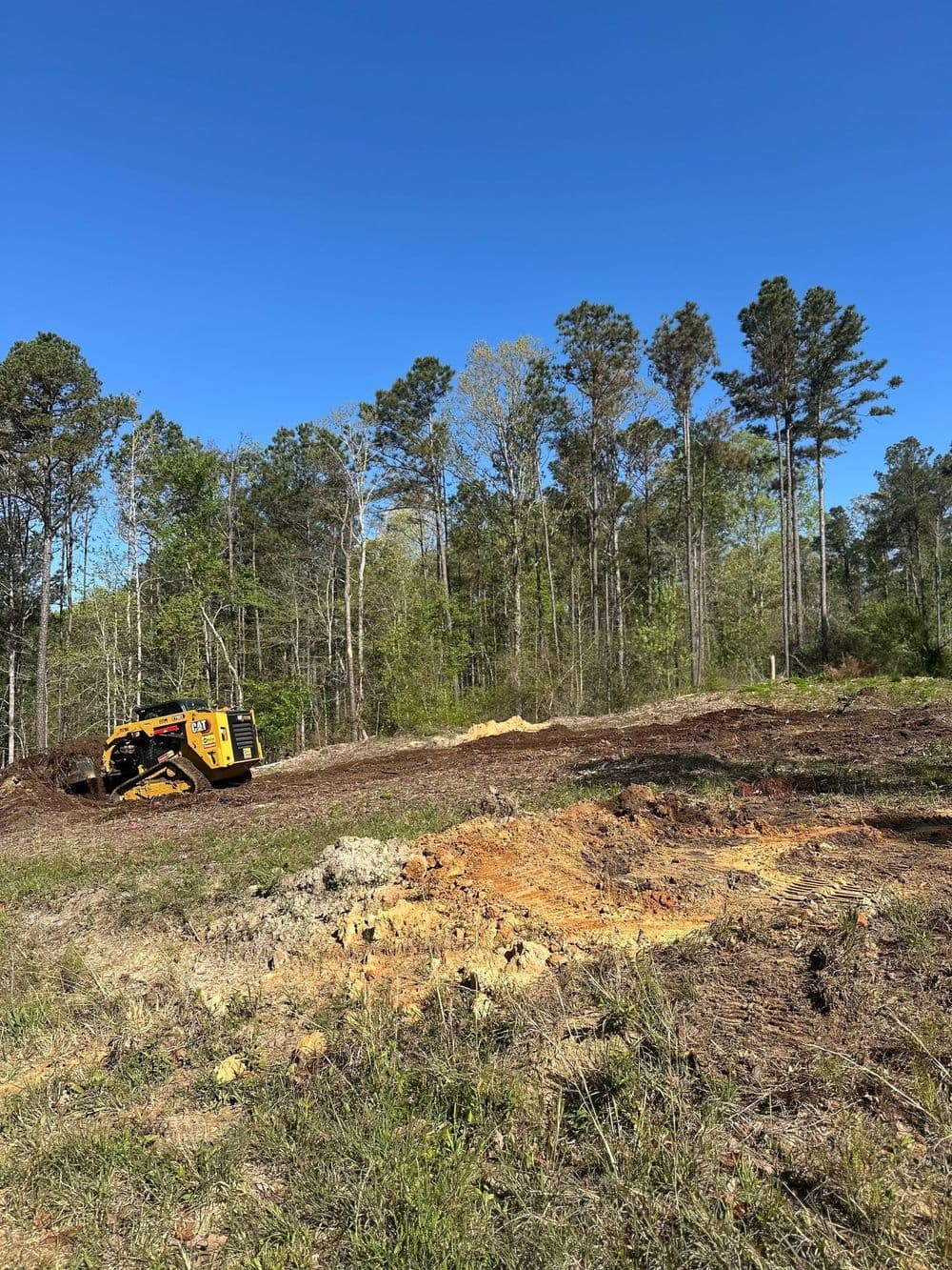 Excavator clearing land in a forested area with clear blue sky and green trees.